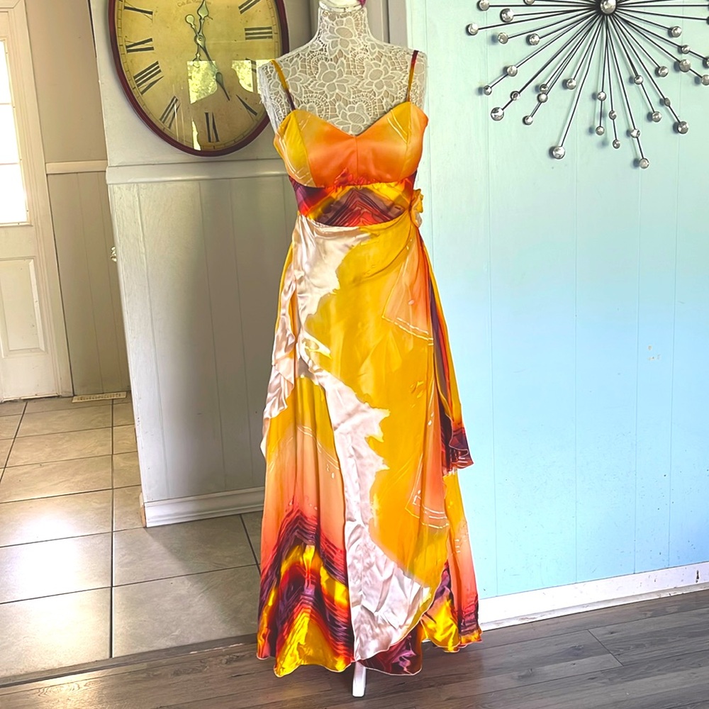 yellow orange purple chiffon satin maxi dress
